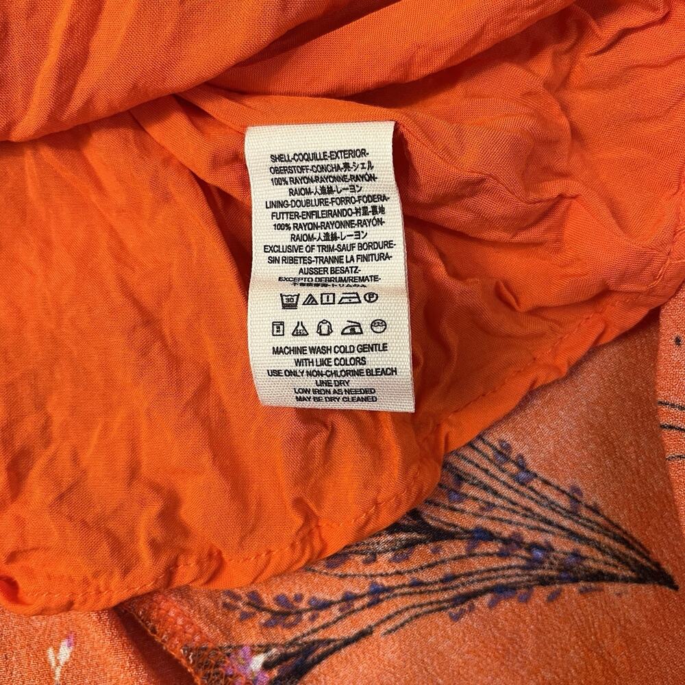 Free People Sz 10 Retro Coral Orange Floral Print Rayon Midi Dress Side Pockets - Picture 11 of 12